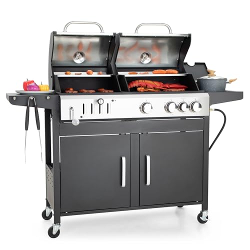 Captiva Designs Propane Gas and Charcoal Grill Combo with Side Burner,Black