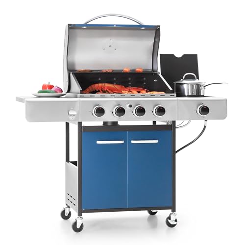 Captiva Designs Propane Gas BBQ Grill with Side Burner, 4 Burner, Blue